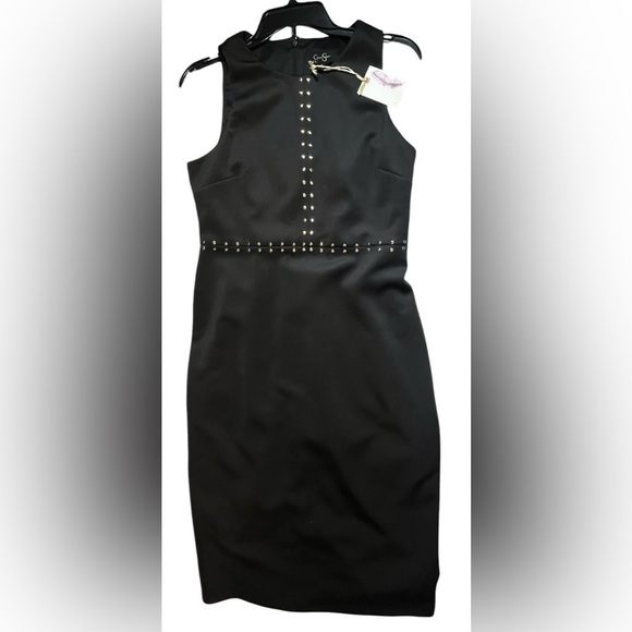 NWT Jessica Simpson Scuba Midi Sheath Dress workwear Gold Detail Black Dress 10 - Picture 1 of 9